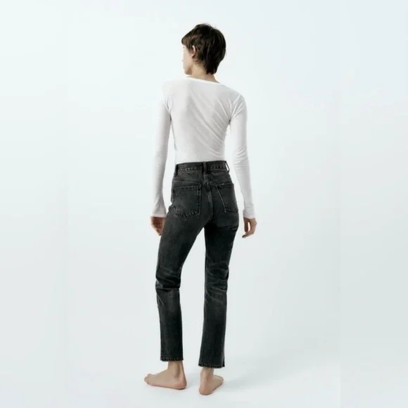 ZARA black high rise denim relaxed fit straight leg jeans EUC size‎ 0 - Picture 4 of 11